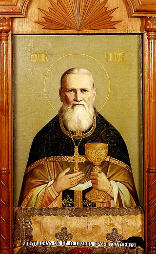 Икона св. прав. о. Иоанна Кронштадского с его епитрахилью в Иоанновском монастыре