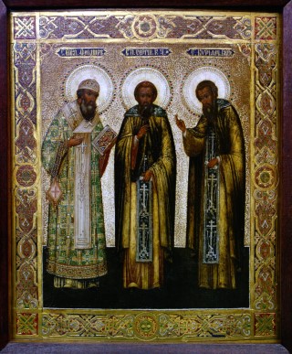 Икона преподобных Сергия Радонежского и его учеников - святителя Феодора Симоновского и преподобного Кирилла Белоезерского.