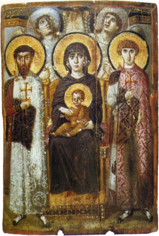 Богоматерь с младенцем на троне со святыми мучениками. VI—VII века.