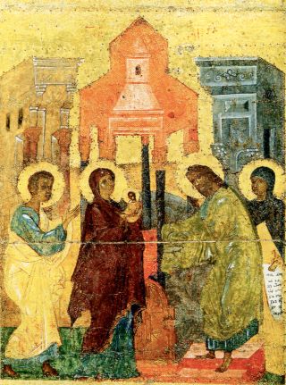 Сретение из Праздничного чина около 1341 г. главного иконостаса Софийского Собора в Новгороде