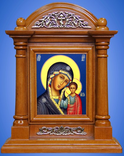 Икона Владимирской Божией Матери, артикул 602148, в киоте аналойном Домик с рамкой Поталь, артикул 11151