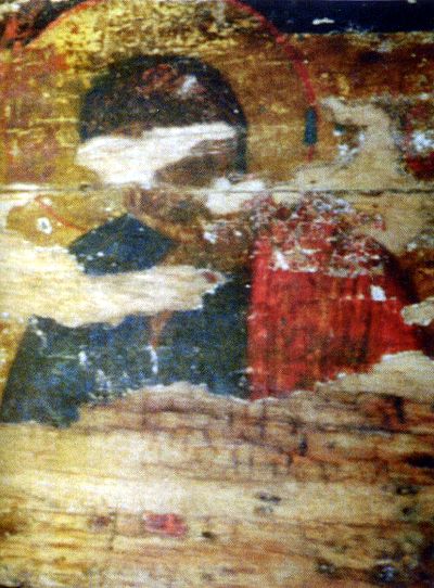 Реставрация образа  Животворящего Креста Господня, левая часть Распятия с изображением святителя Иоанна Богослова (фото 2002 г.)